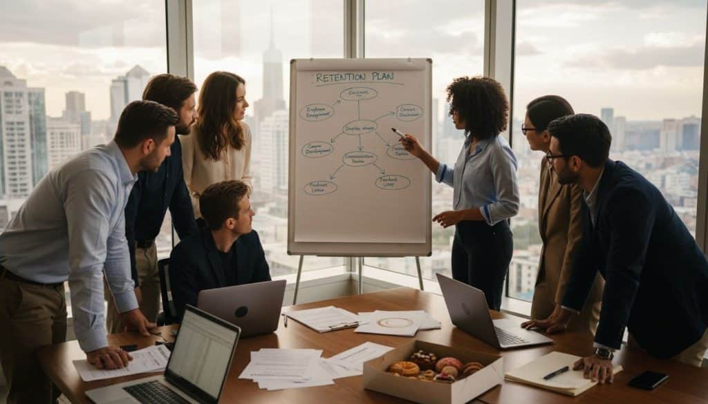 Team discusses retention plan by whiteboard
