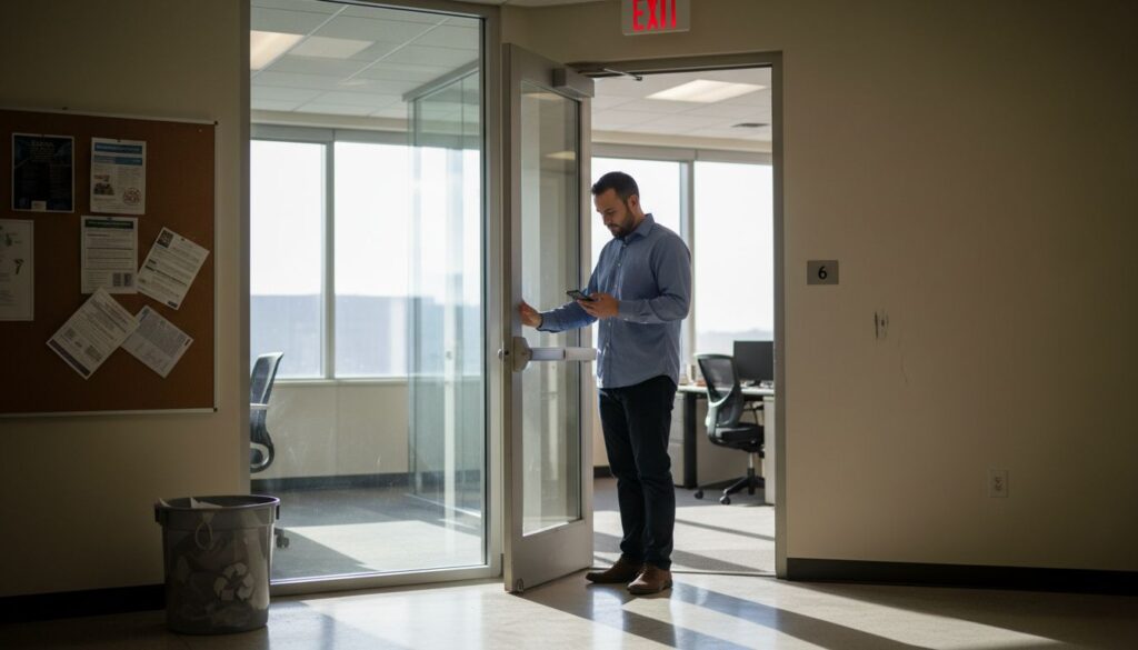 Office worker near exit sign hesitating