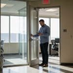 Office worker near exit sign hesitating