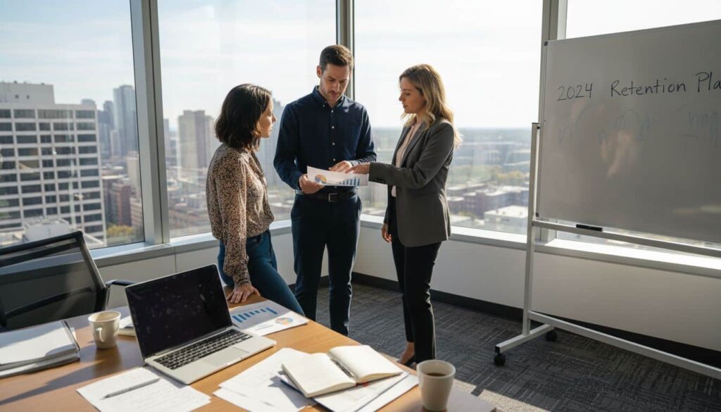 Team discussing employee retention in office