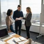 Team discussing employee retention in office