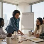 Team discussing retention checklist in corner office