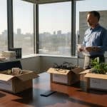 Manager reading exit interview in corner office