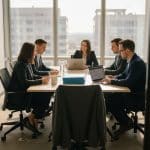 Employees reviewing onboarding packets in office meeting