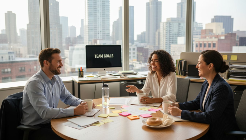 Employees chatting in sunny office corner