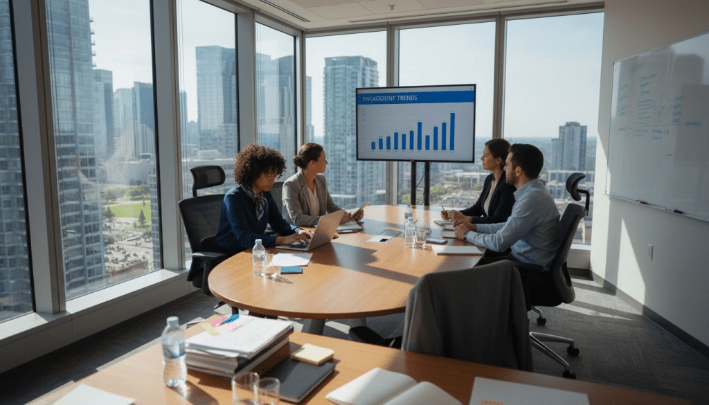 Team reviewing retention data in conference room