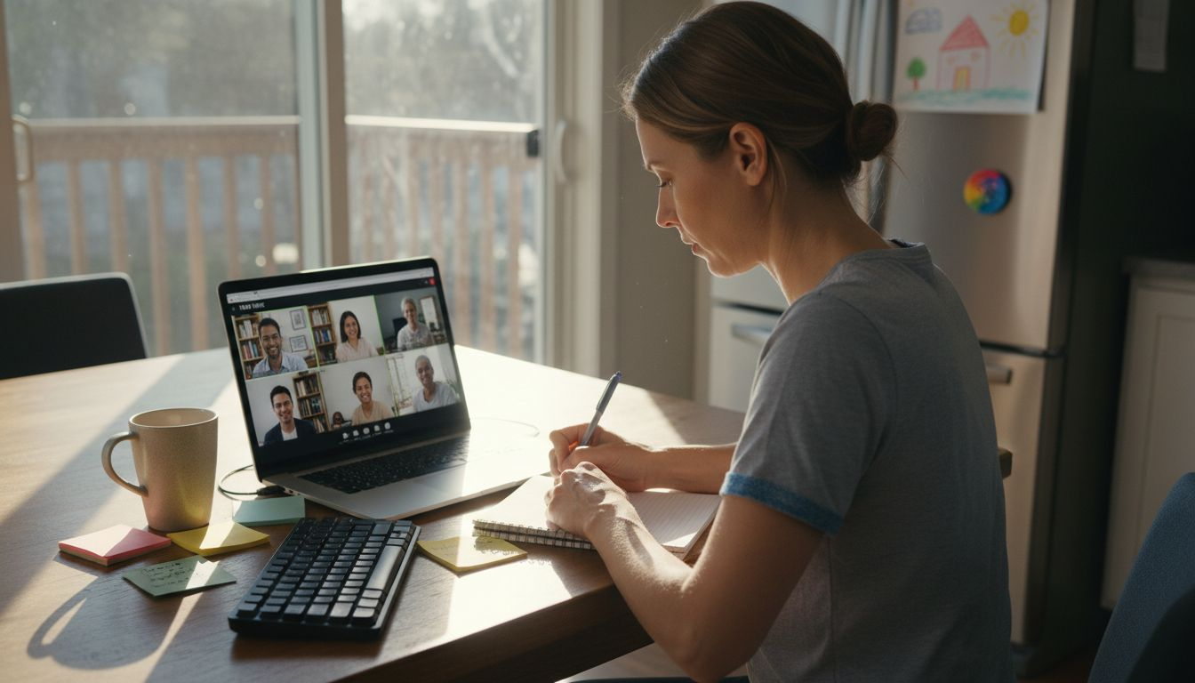 Remote employee on video call at home workspace
