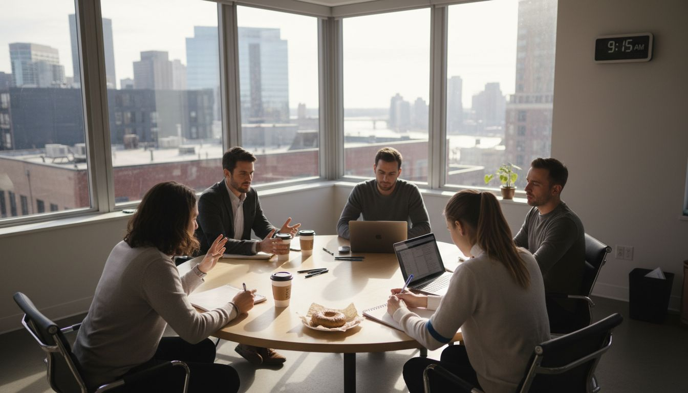 Team meeting in bright corner office