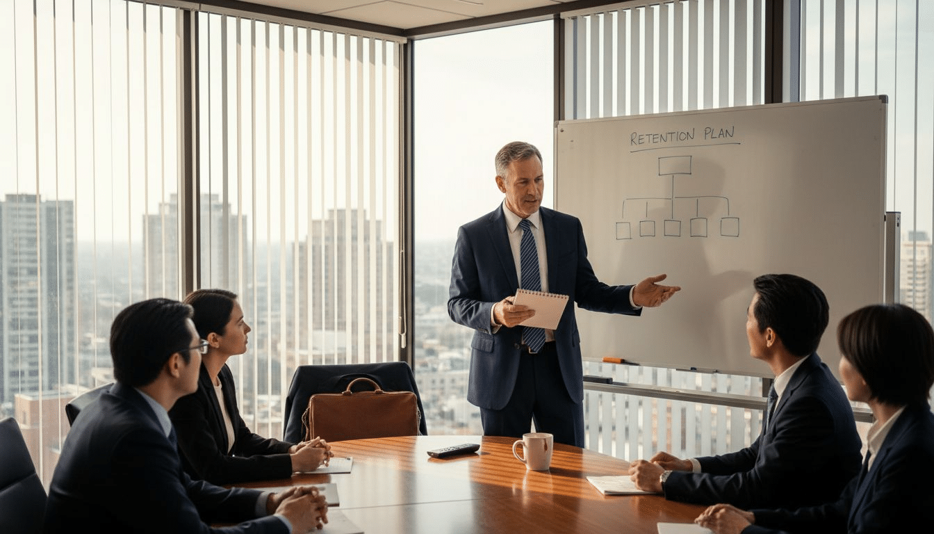 Executive presenting retention plan to team