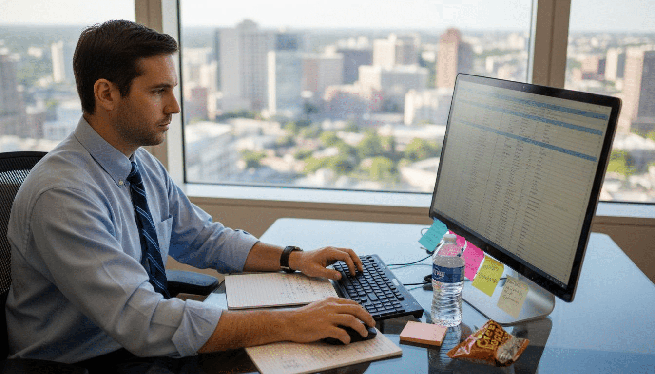 HR manager reviewing analytics in corner office