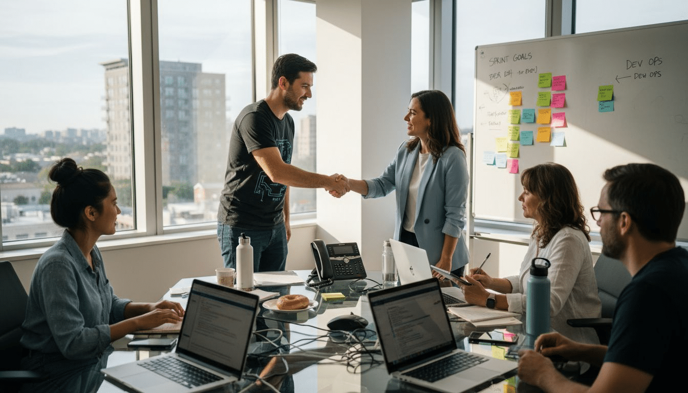 Tech office team meeting about retention