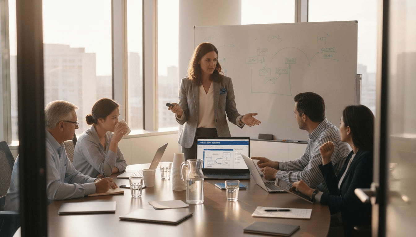 Team in workflow meeting assessing retention