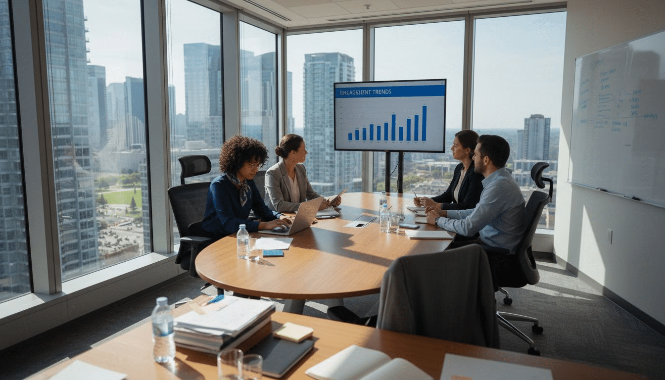 Team reviewing retention data in conference room