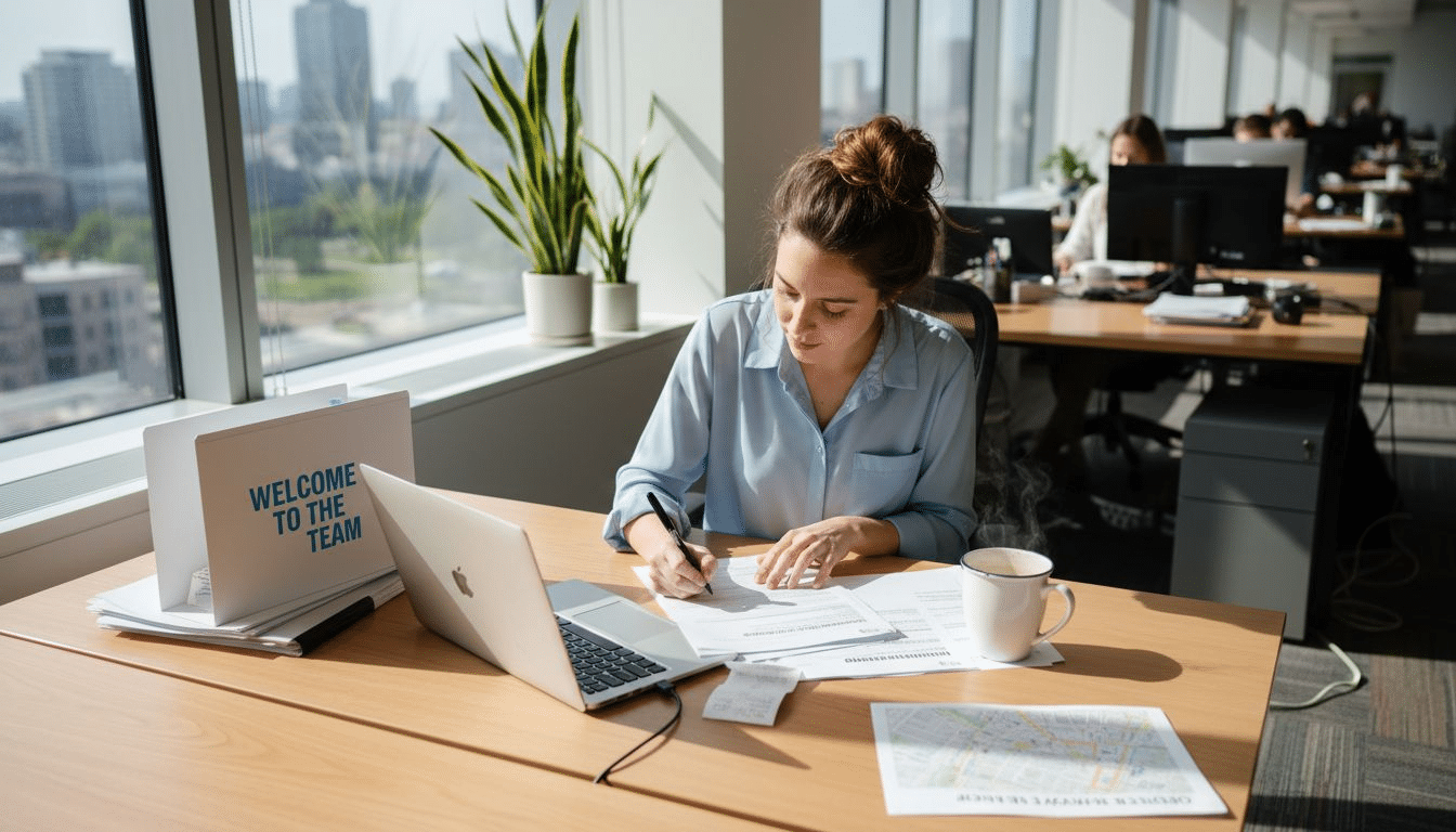 Employee signing onboarding papers at desk