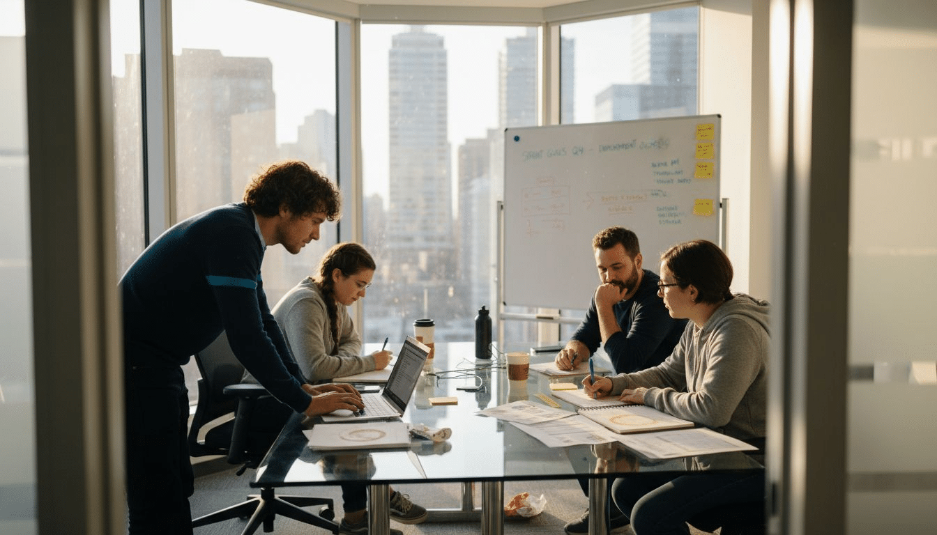 Software engineers collaborating in sunny corner office