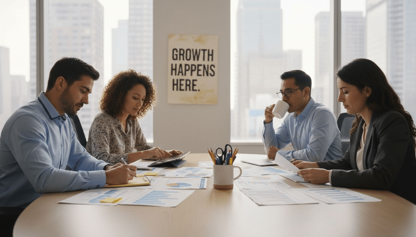 Corporate team reviews retention data in office