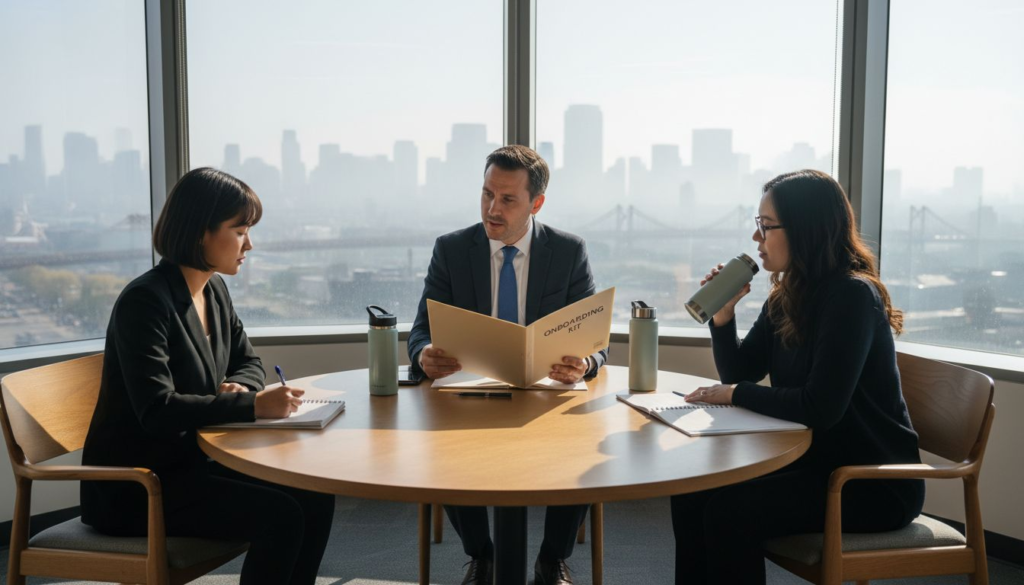 Team onboarding meeting in bright corner office