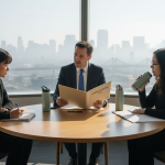 Team onboarding meeting in bright corner office