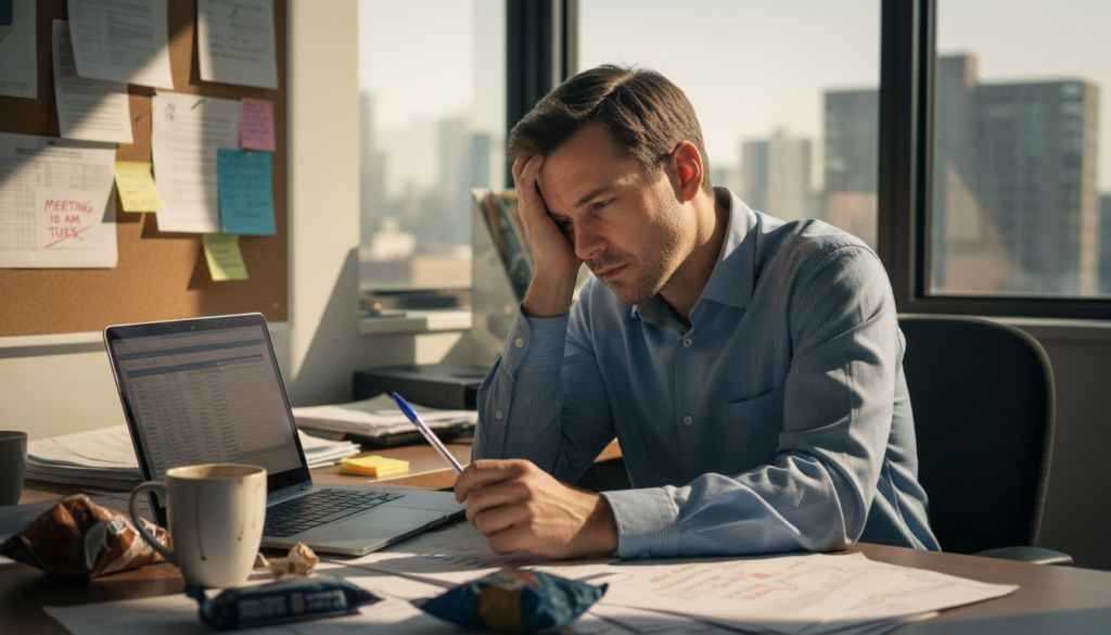 Disengaged worker staring blankly at desk