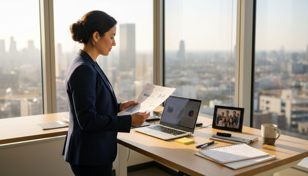 HR leader reviews turnover reports in sunlit office
