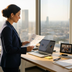 HR leader reviews turnover reports in sunlit office