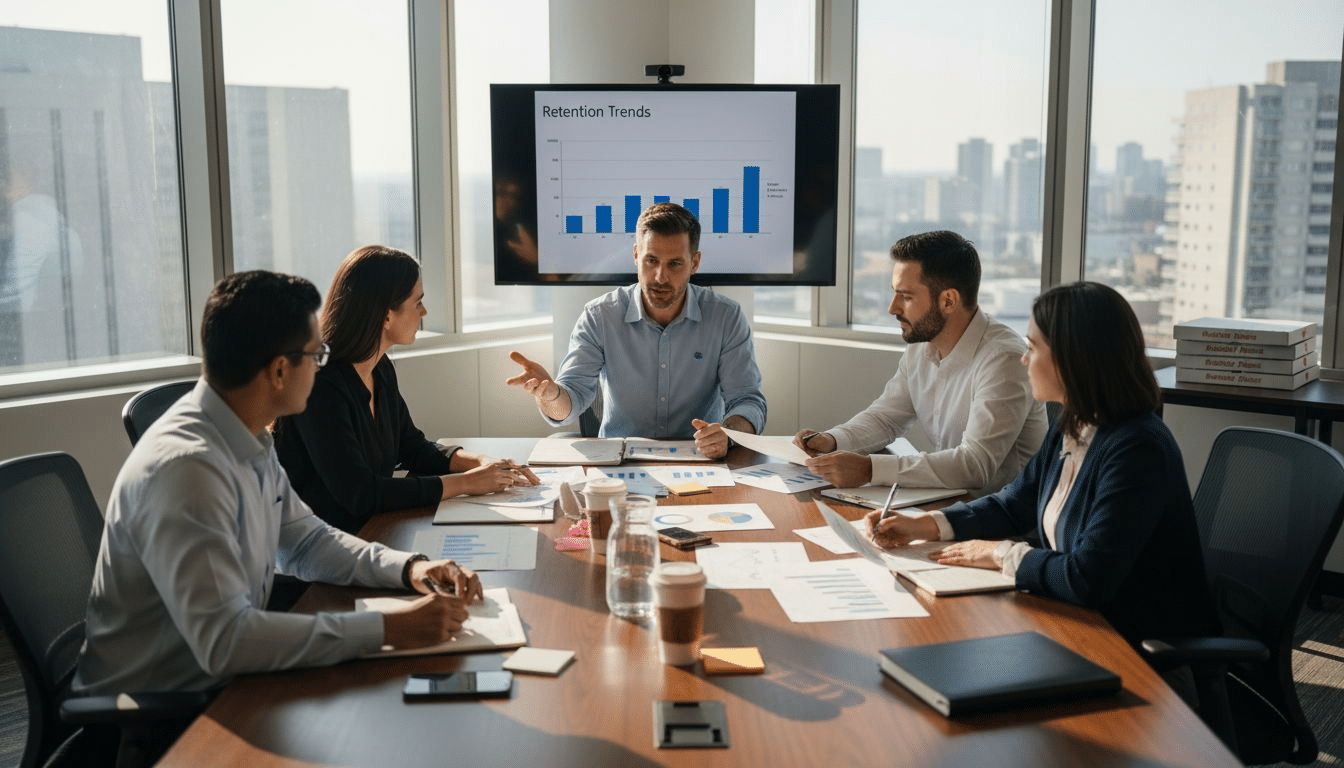 Team discussing retention cost graphs