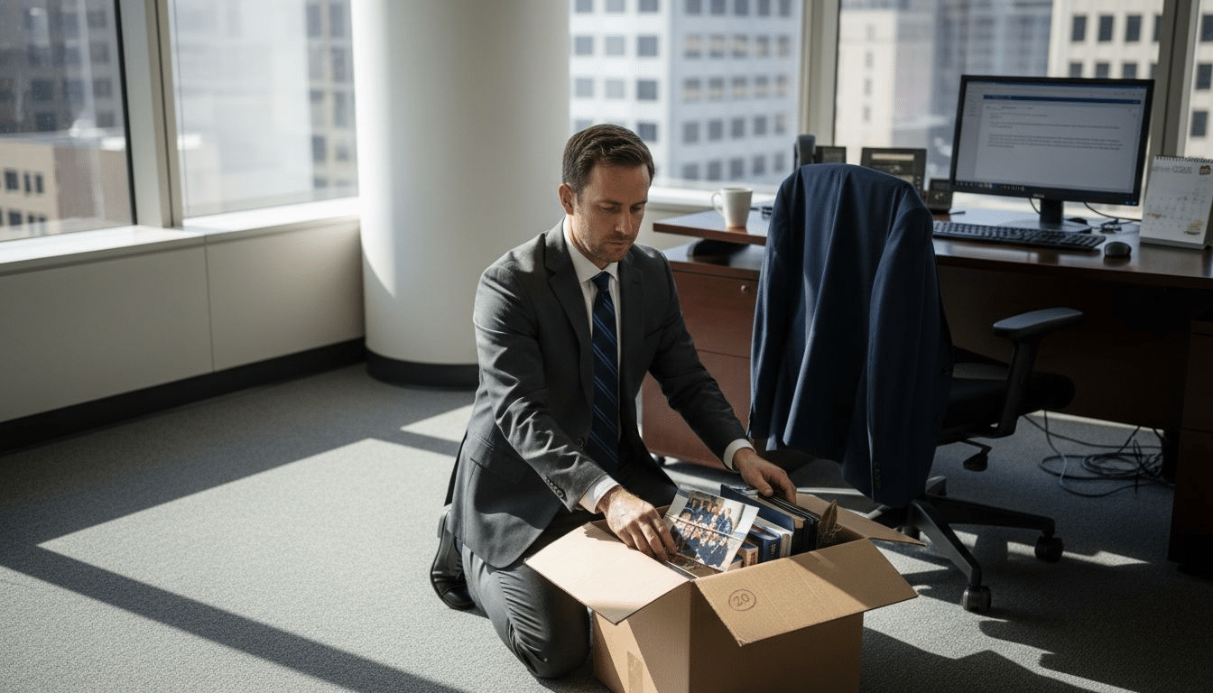 Employee packing box in corner office