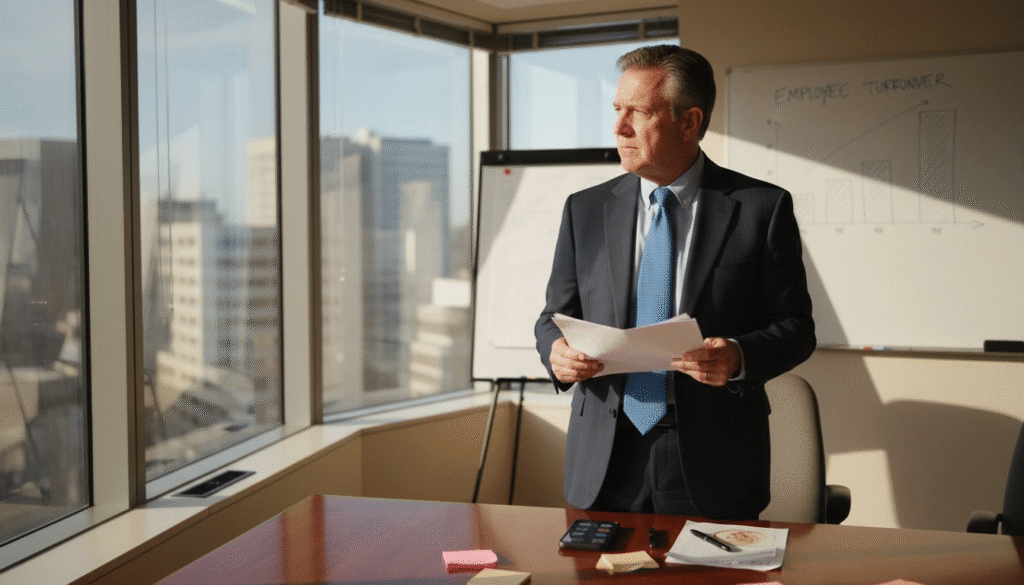 Executive overlooking warning signals in corner office