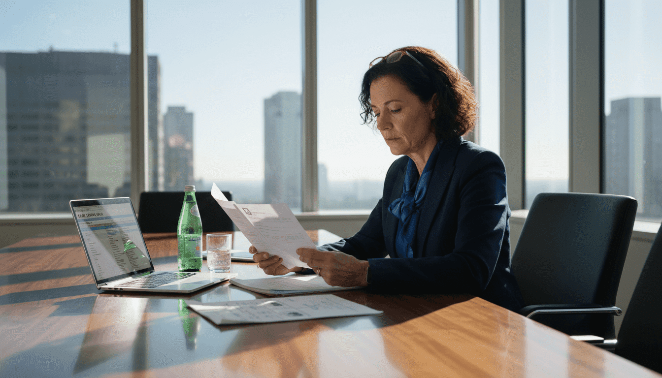 HR executive reviewing candidate resumes at conference table