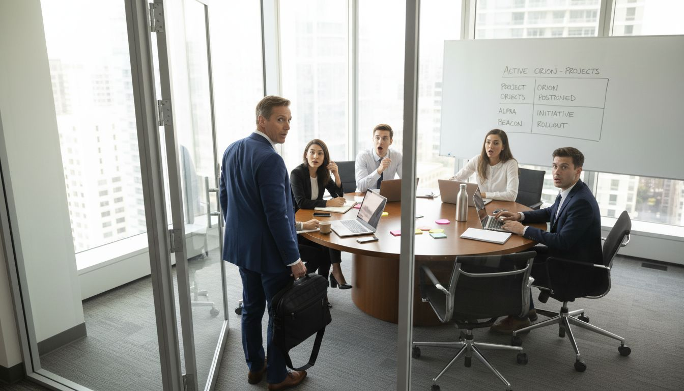 Executive departing surprising office team meeting
