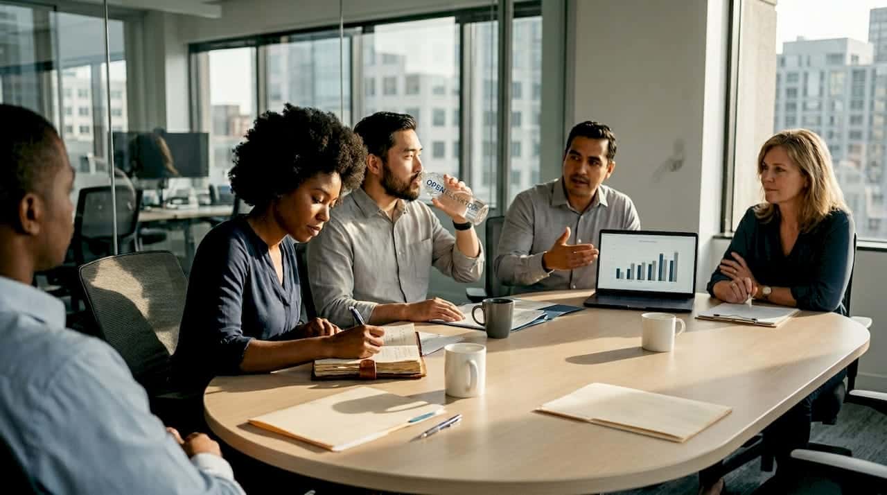 Employees meeting in bright glass office