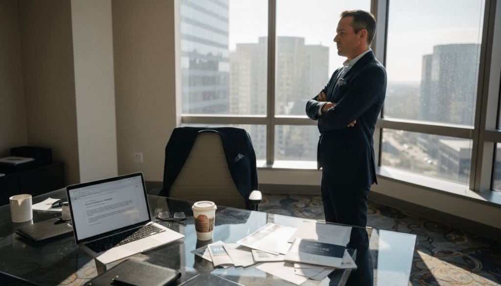 Manager overlooking office with resignation email open