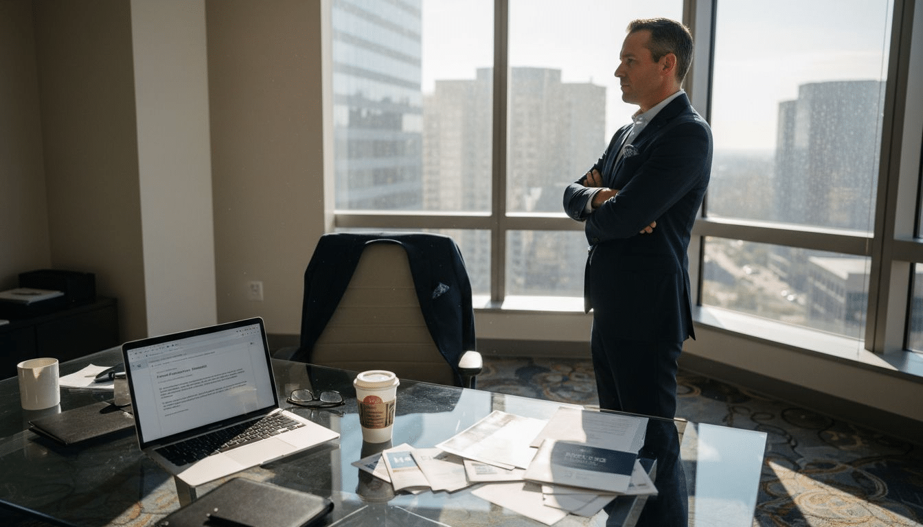 Manager overlooking office with resignation email open