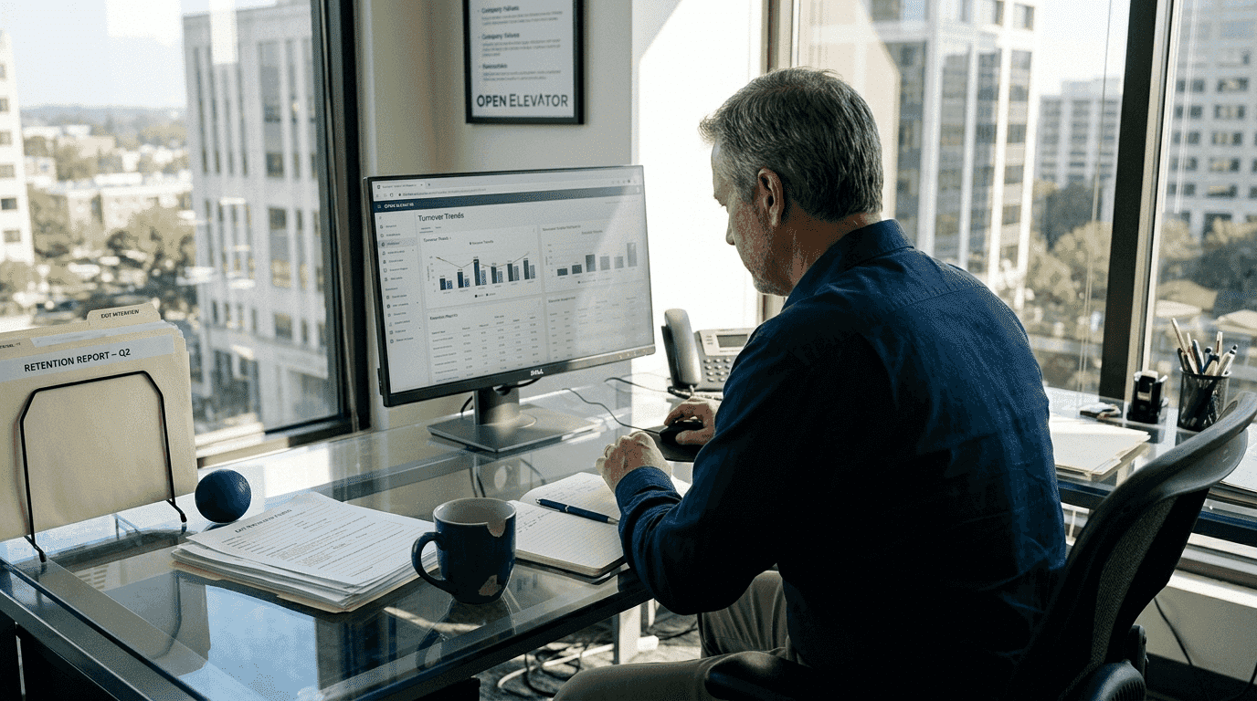 HR manager checking turnover dashboard in office