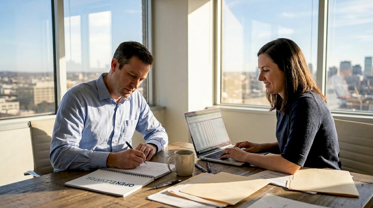 Coworkers discussing project in bright office