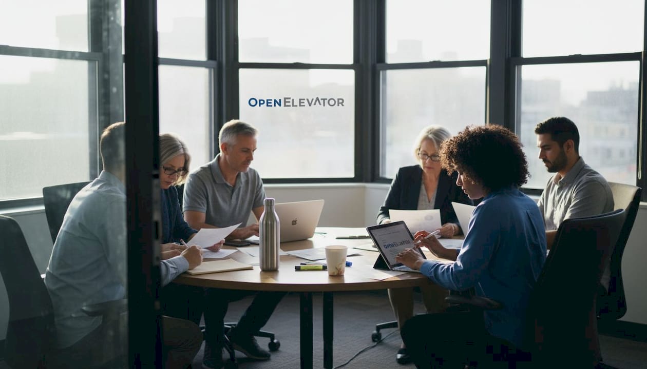 Employees sharing feedback in corner office meeting