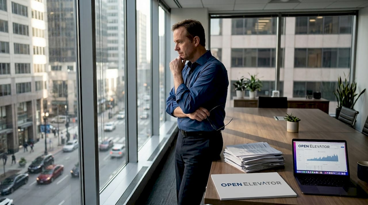 Manager overlooking cityscape in real office