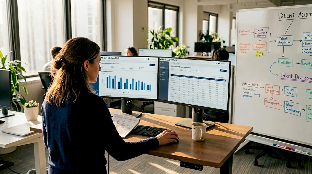 Manager reviews HR analytics dashboards at desk