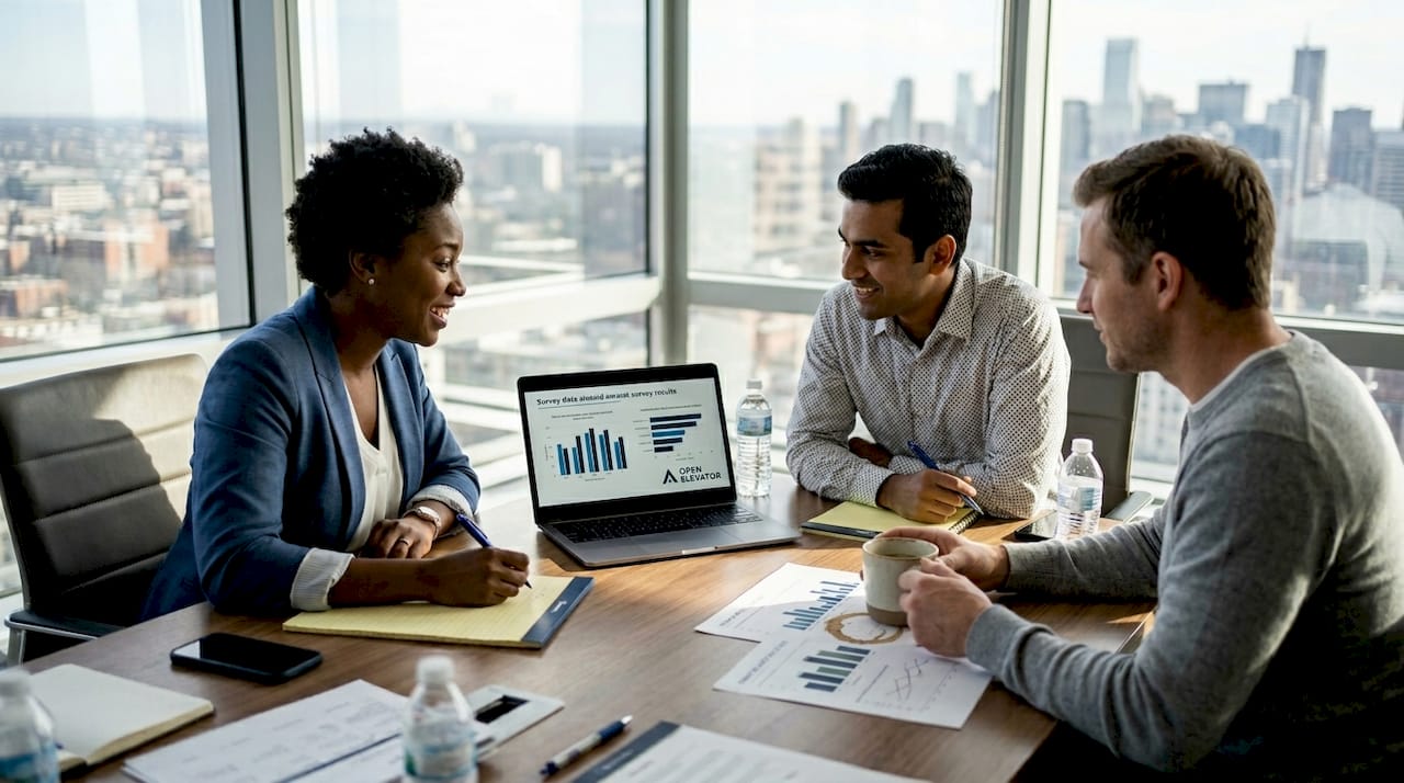 Team reviewing employee retention data in corner office
