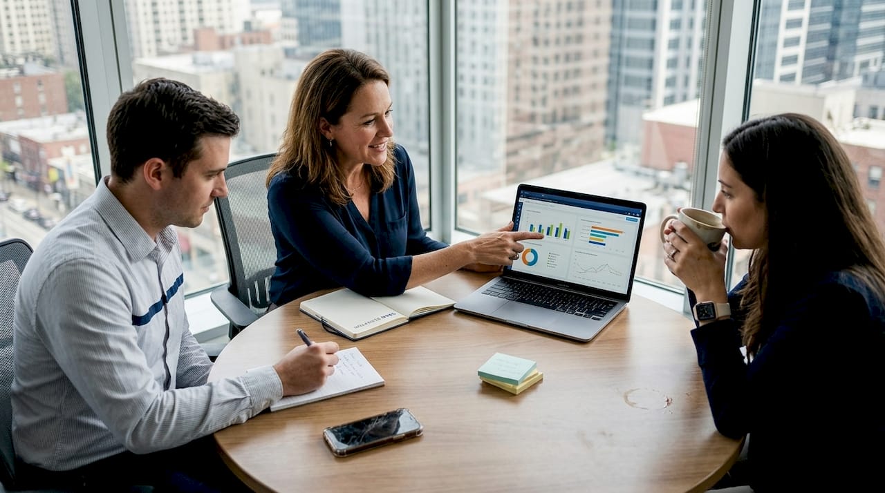 Team leader discusses data with workplace team