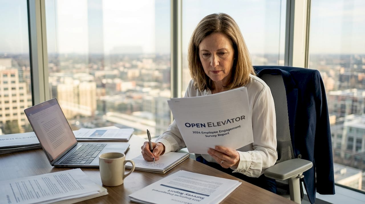 Executive reading report at cluttered desk