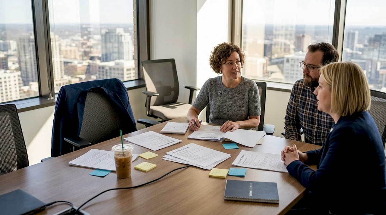 HR team reviewing retention survey results