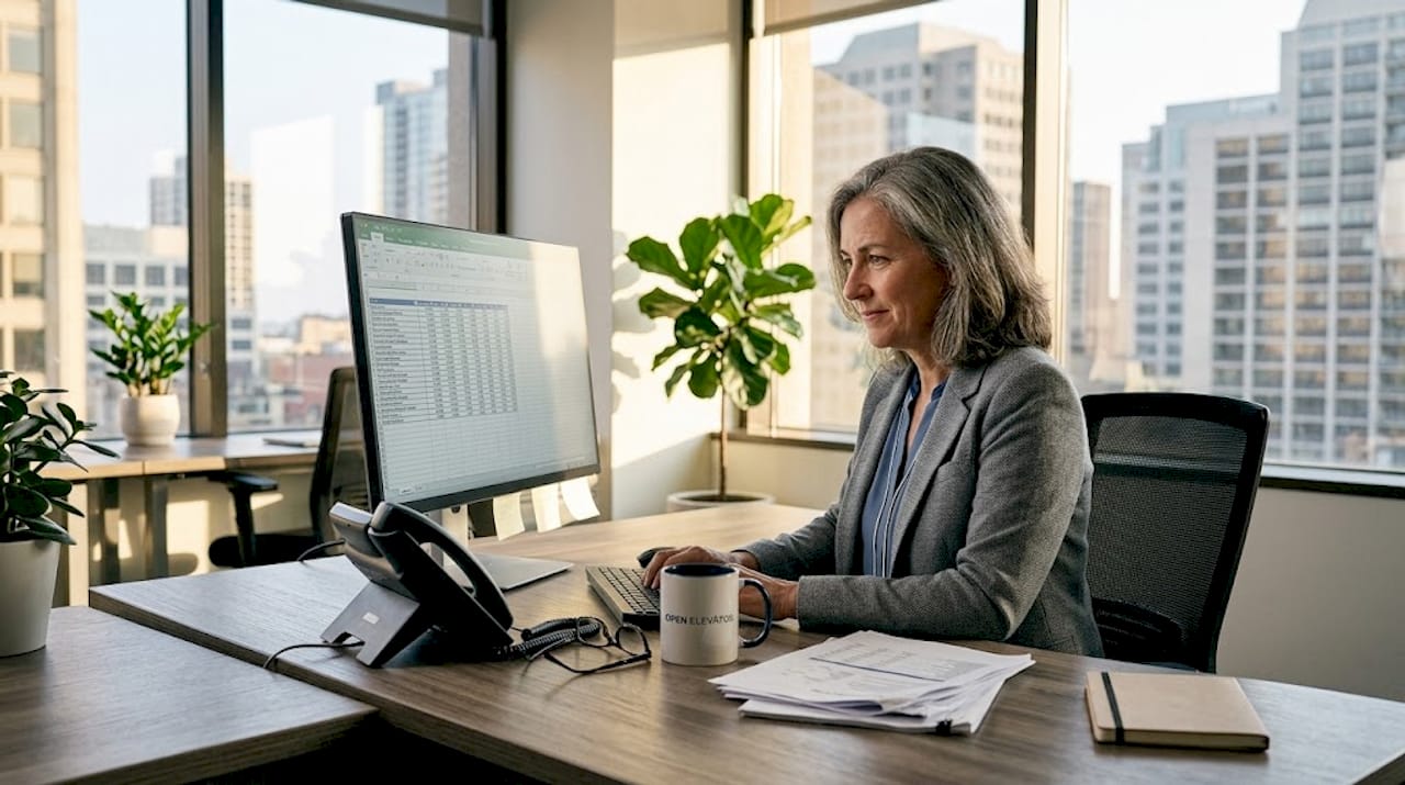 Manager reviewing employee data on screen