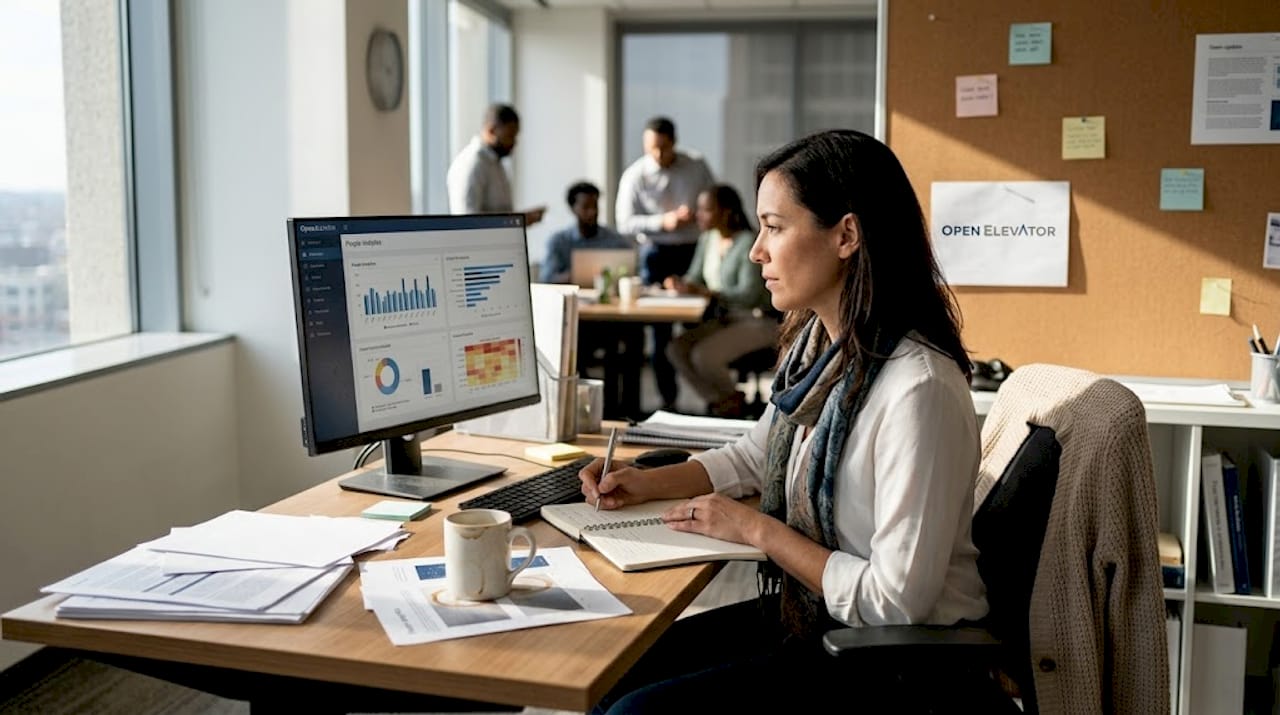 Manager reviewing team analytics in bright office