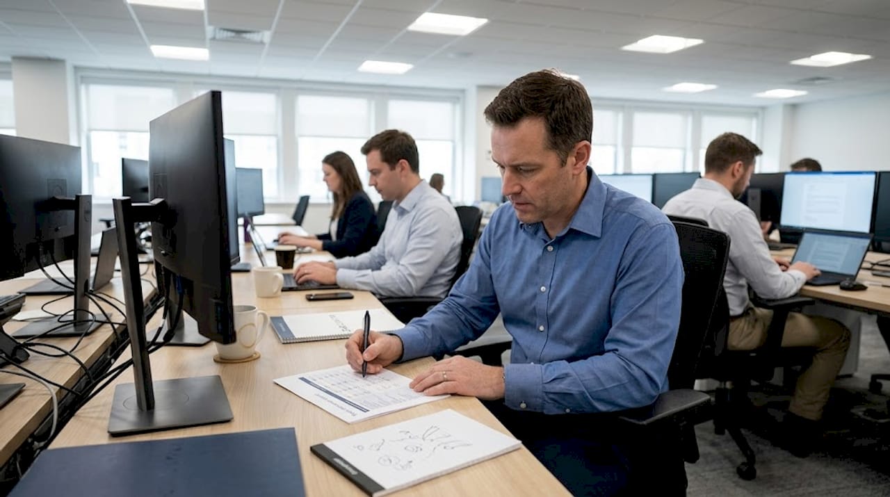 Manager reviewing team report in open office