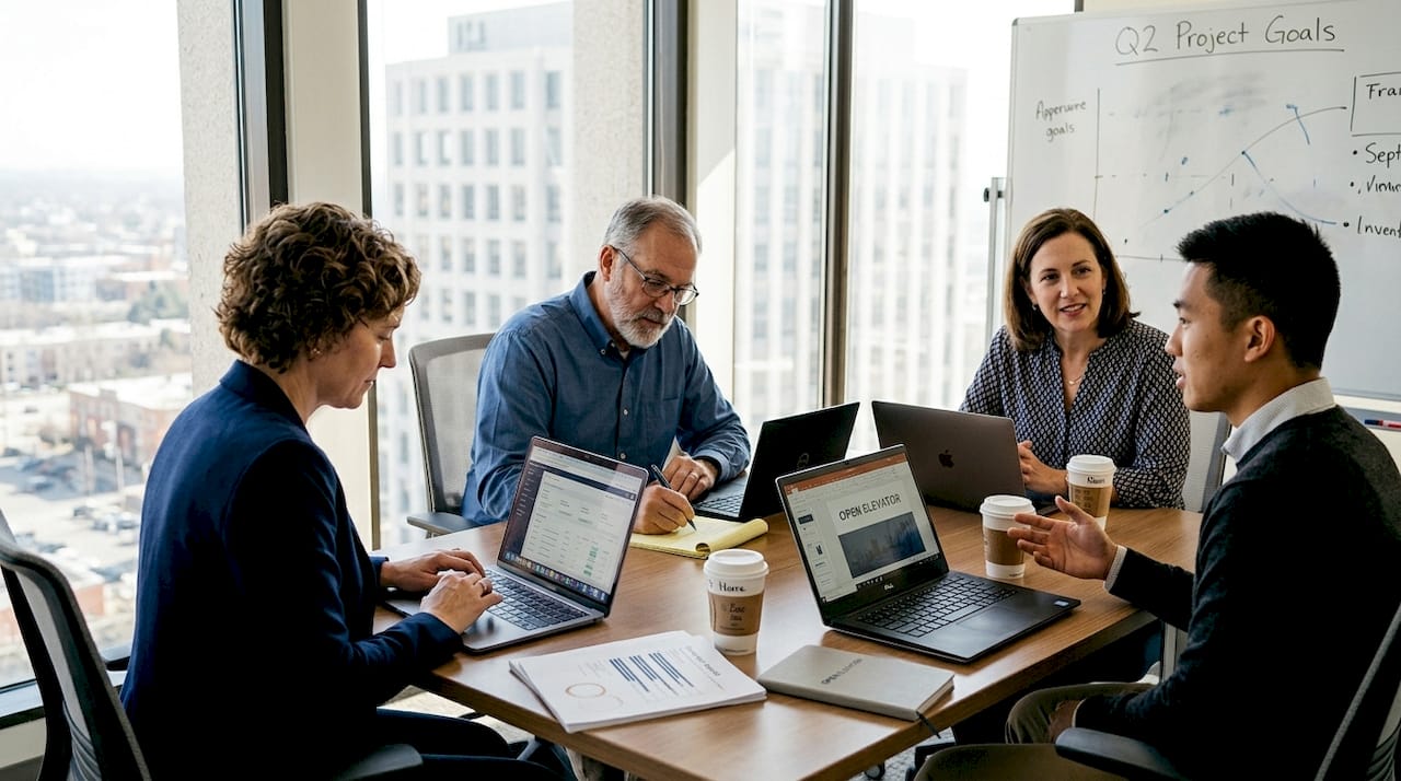 Team discussing engagement tools in bright corner office