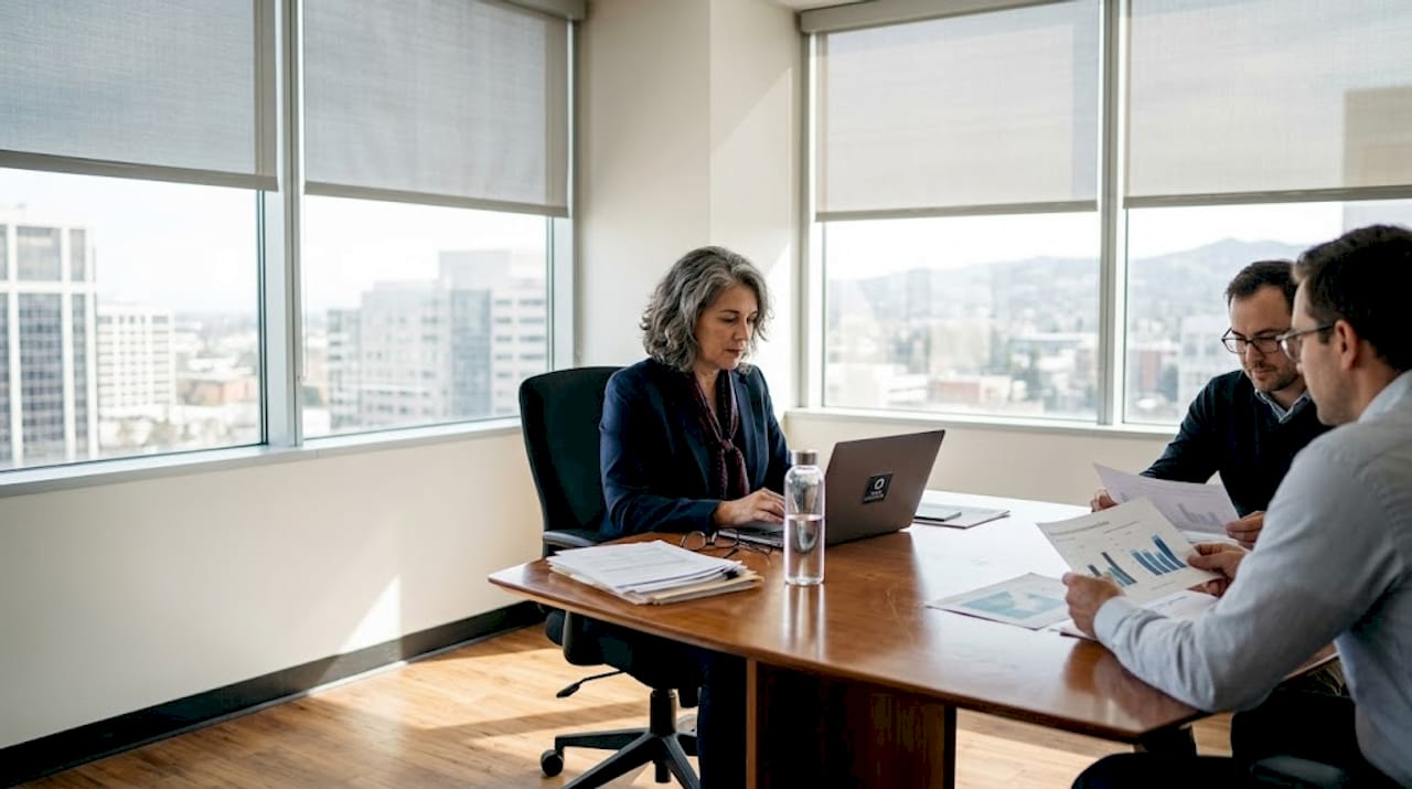CEO uses laptop for retention data review