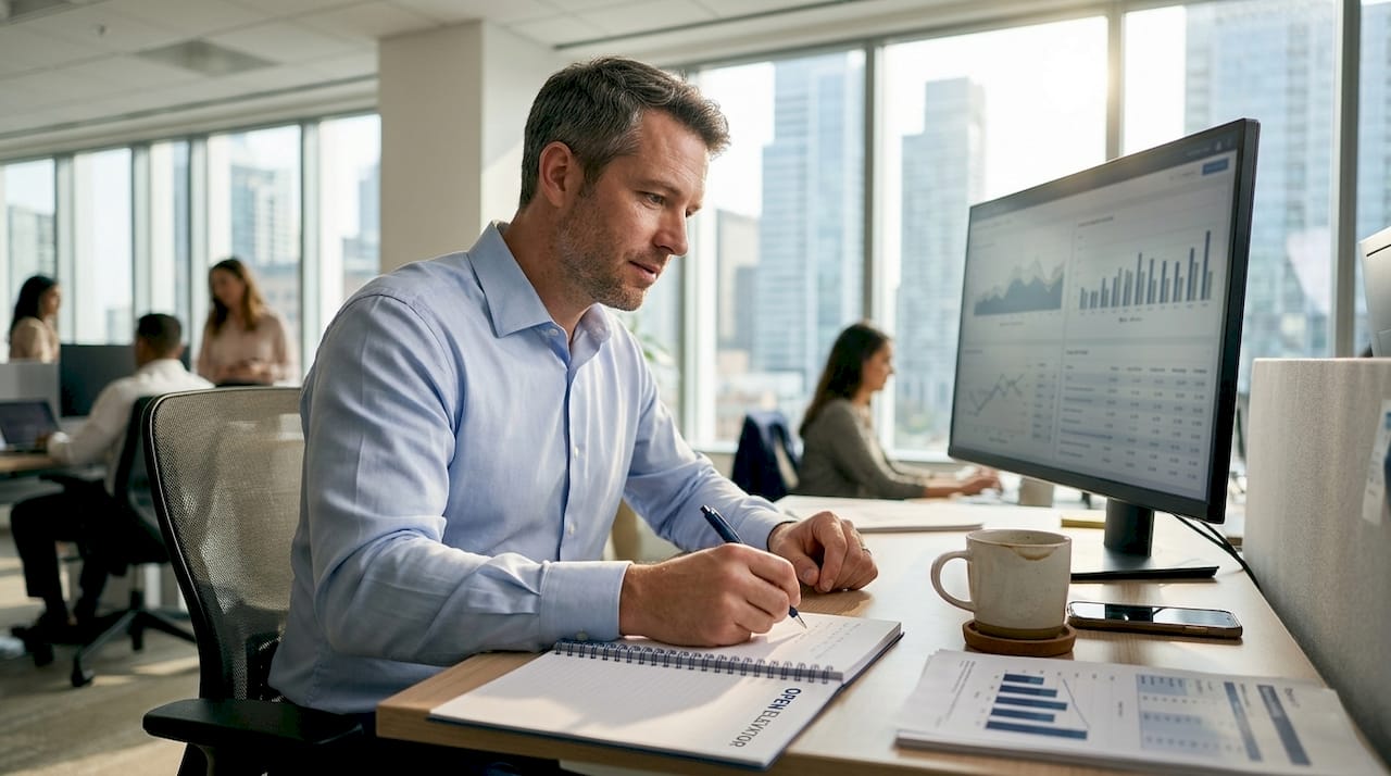 Manager reviewing analytics at standing desk