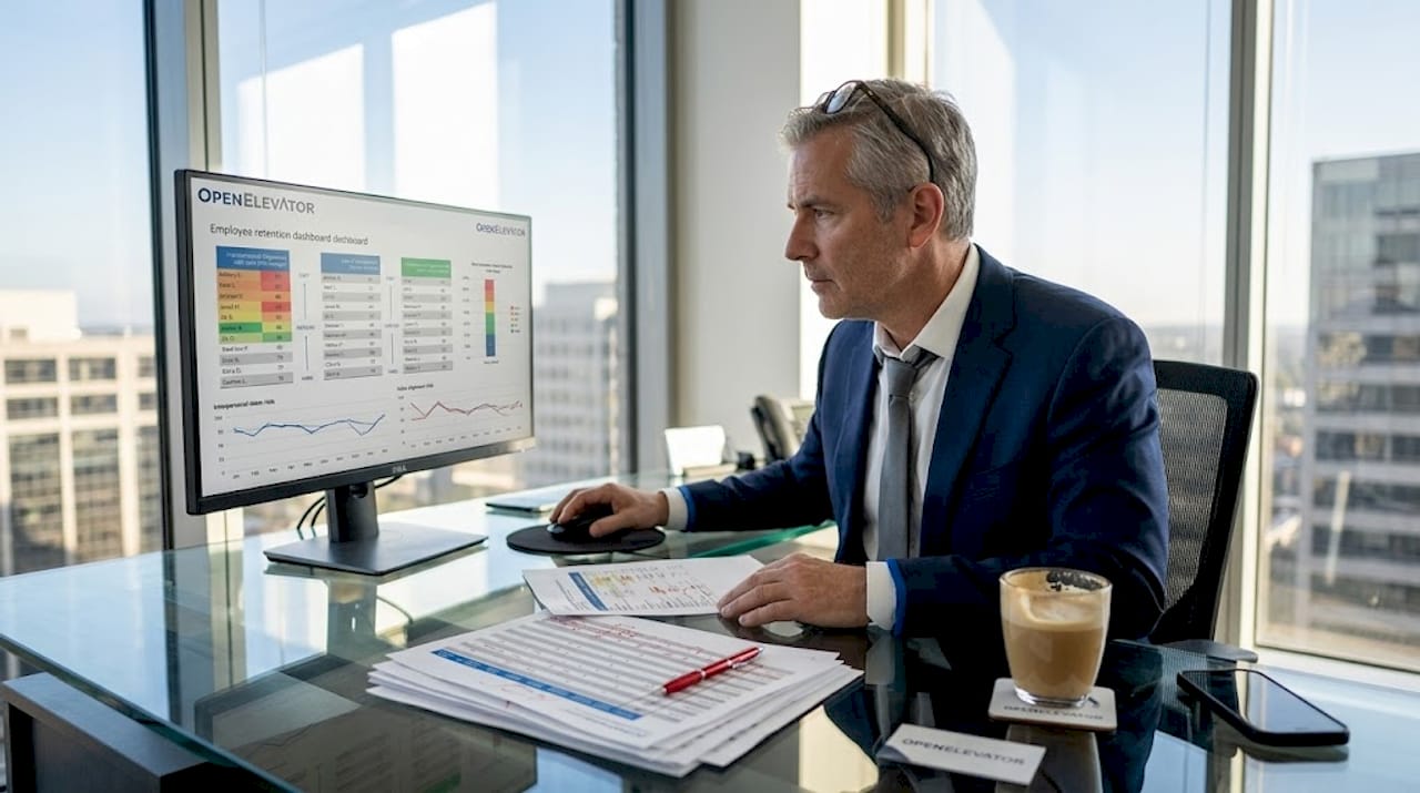 Executive reviews employee retention dashboard at office desk