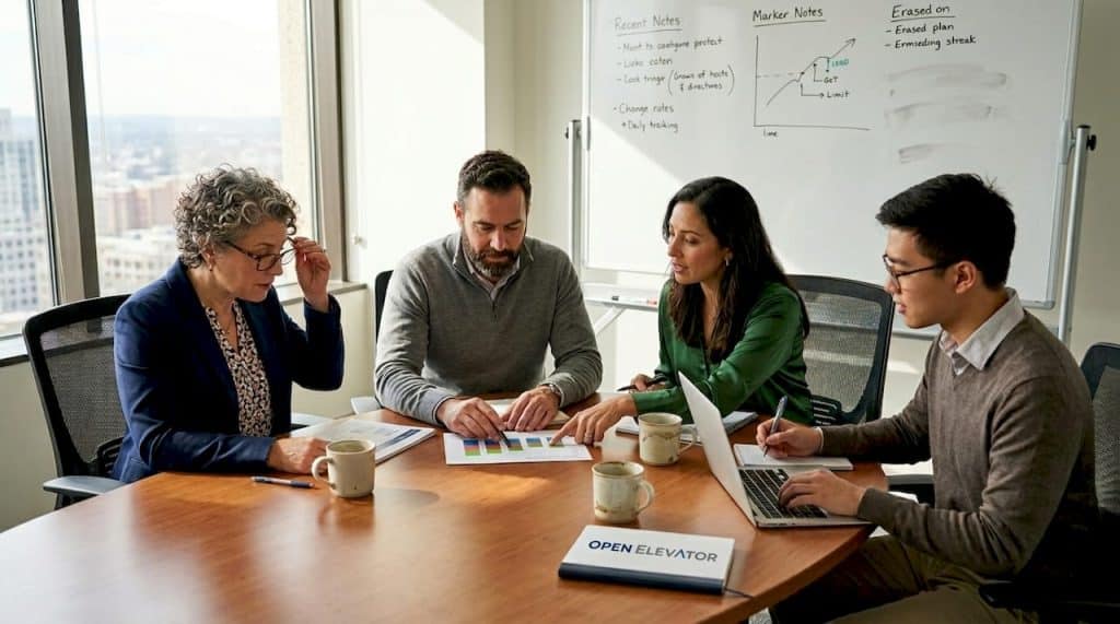 Executive team meeting in sunlit corner office